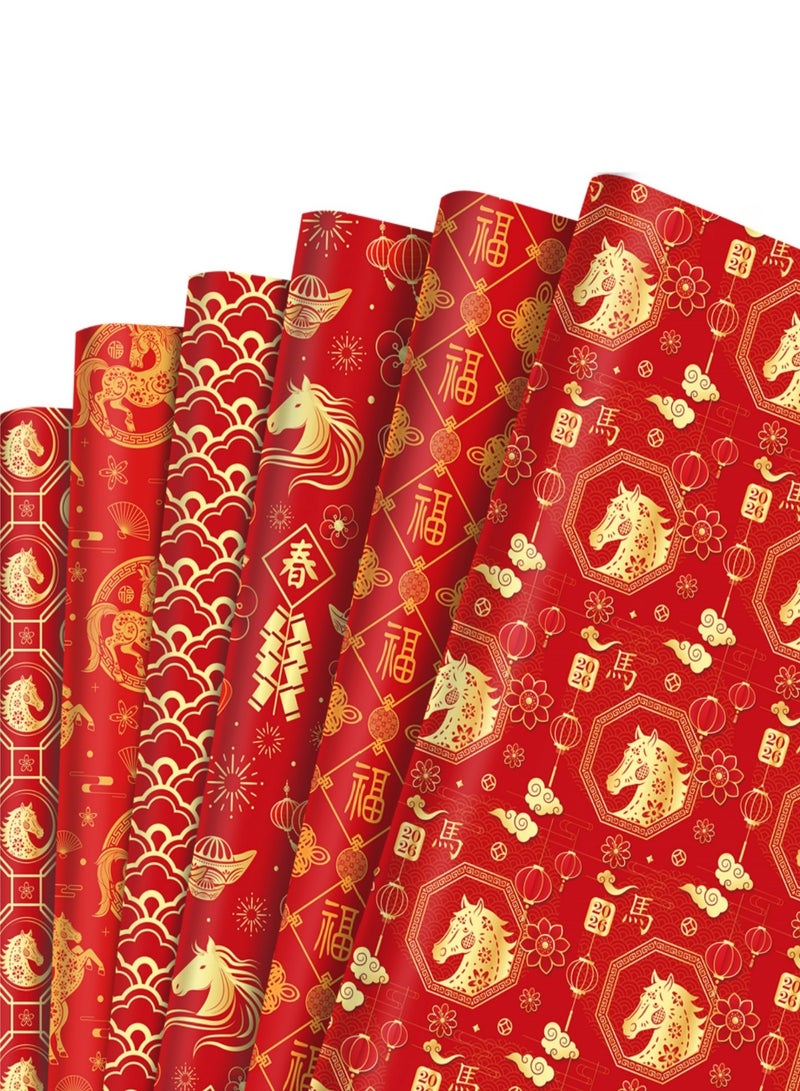 saykfoe 12 Sheets Chinese Red Wrapping Paper: Lunar New Year Gifts Wrap Paper - Year of The Horse Gift Wrapping Paper for Families Collague Friends Spring Festival Party Favors Gift Decor - Image 1